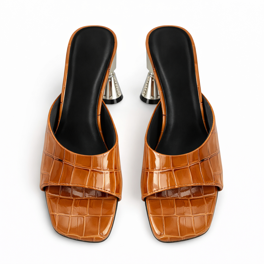Brown Croc Embossed Slip On Block Heel Sandals