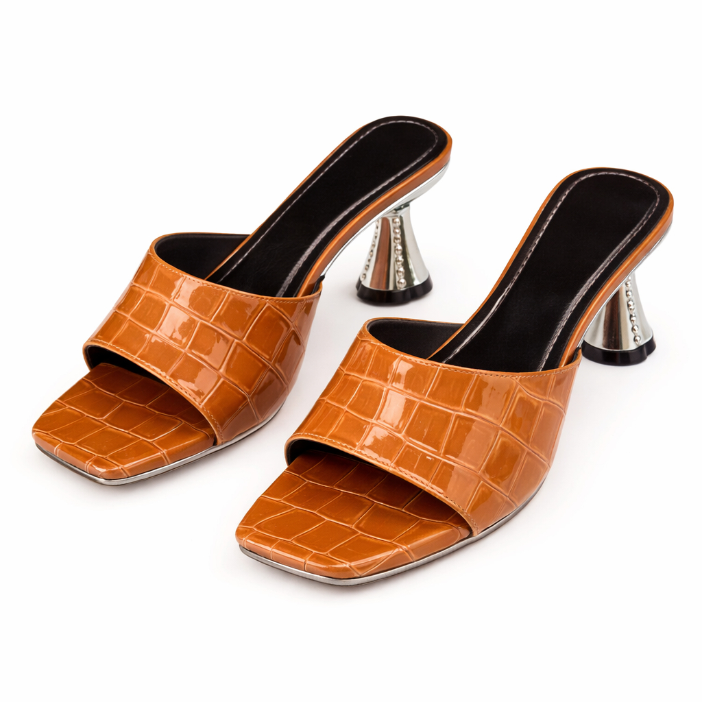 Brown Croc Embossed Slip On Block Heel Sandals
