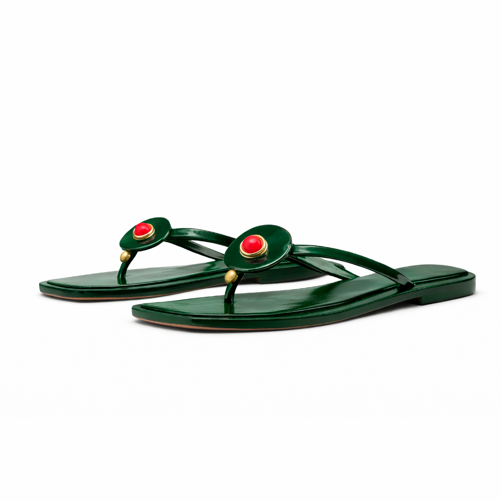 Womens Dark Green Slip On Sandals with Decorative Button Detail