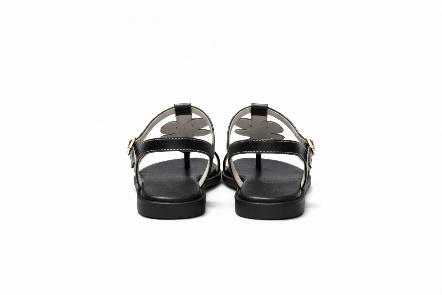 Women Black Ankle Strap Flat Sandals with Gold Bow Detail