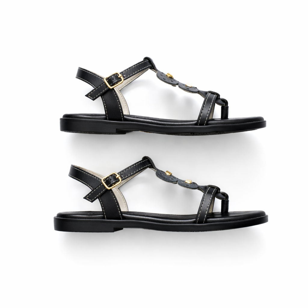Women Black Ankle Strap Flat Sandals with Gold Bow Detail
