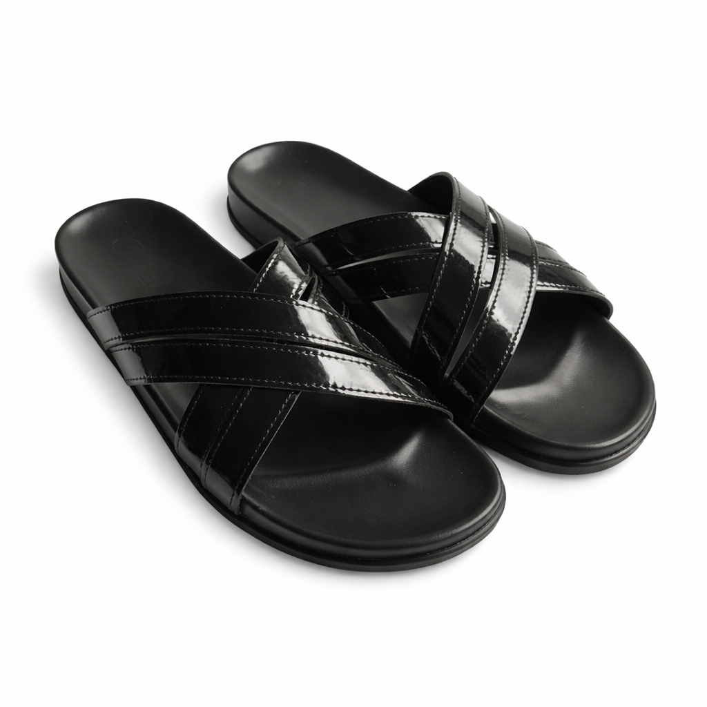 Men Black Cross Strap Slide Sandals