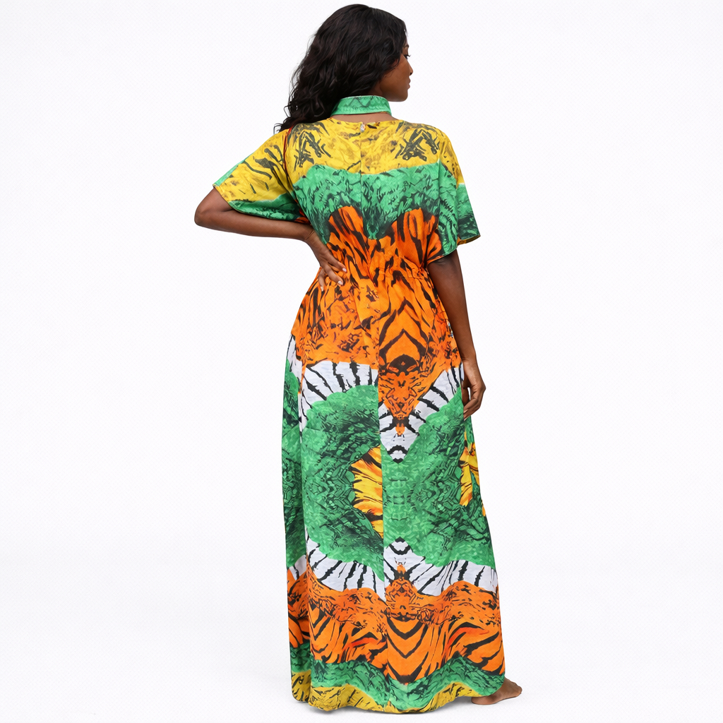 Printed Short Sleeve Maxi Dress with Button Front