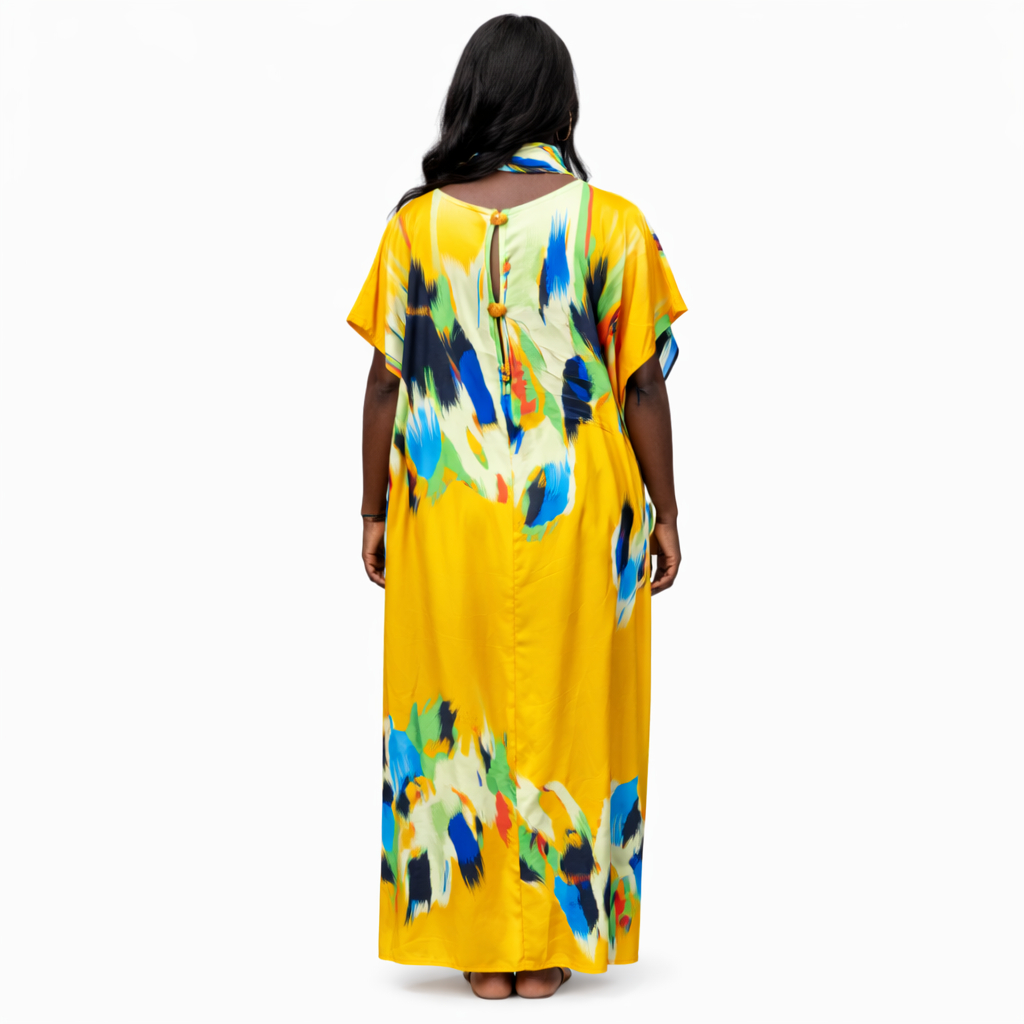 Printed Short Sleeve Midi Dress with V Neck Button Detail