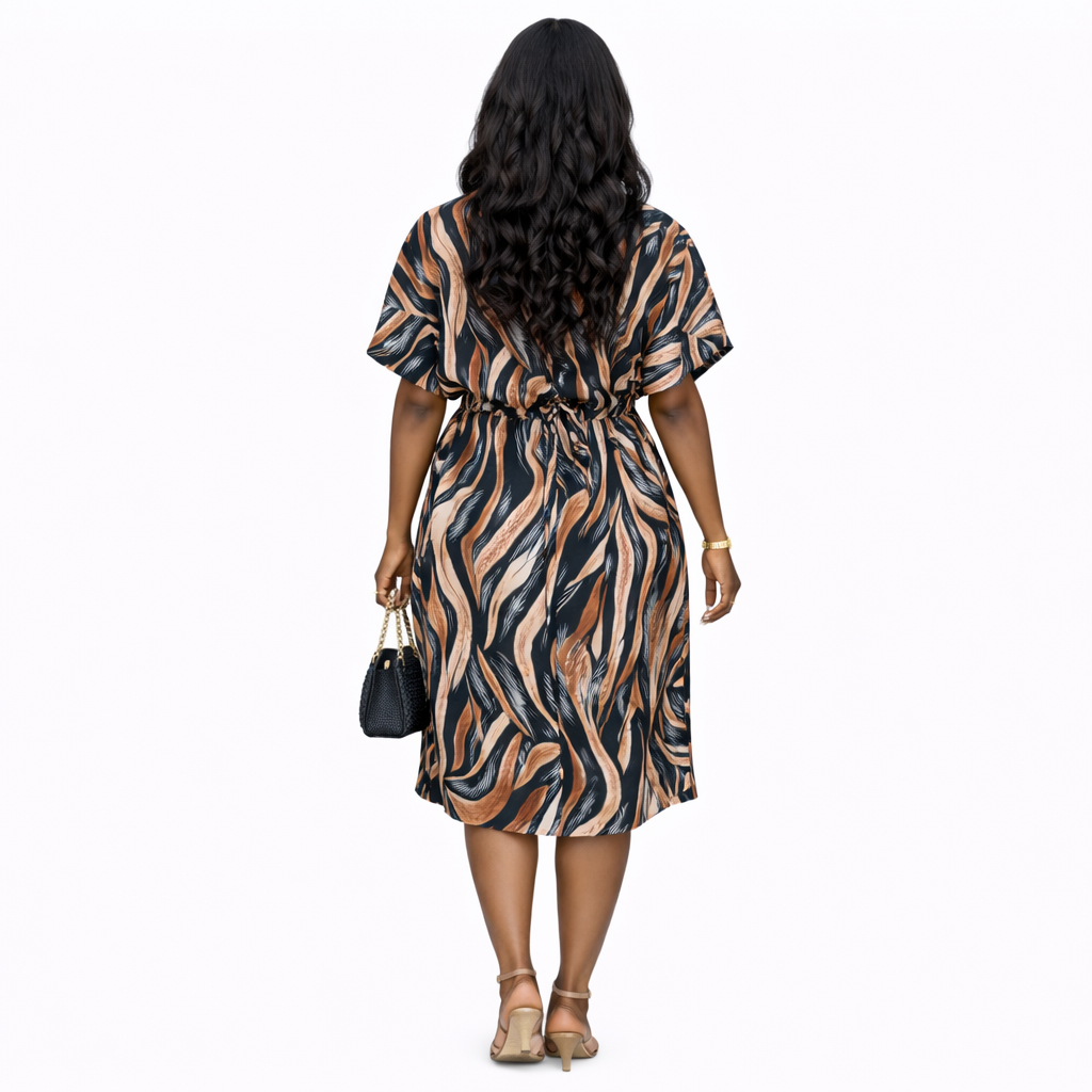 Printed Short Sleeve Button Front Dress with Drawstring Waist