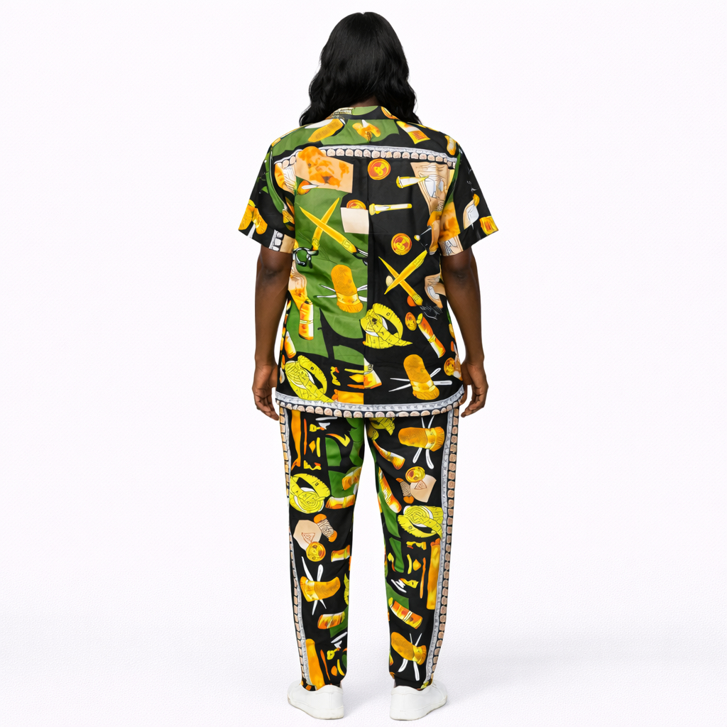 Printed  Unisex Two Piece Shirt and Trouser Fabric Set