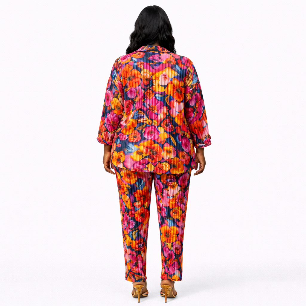 Pleated Floral Two Piece Shirt and Pants Set