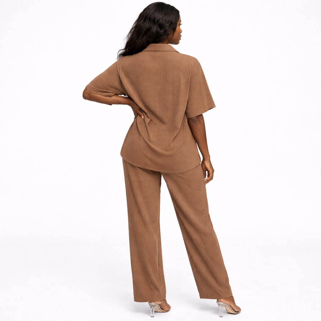 Mocha Textured Button Down Two Piece Set