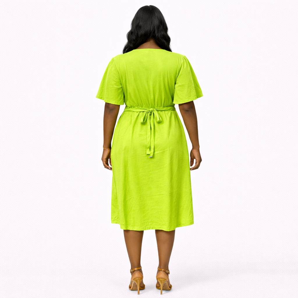 Lime Green V Neck Short Sleeve Drawstring Dress