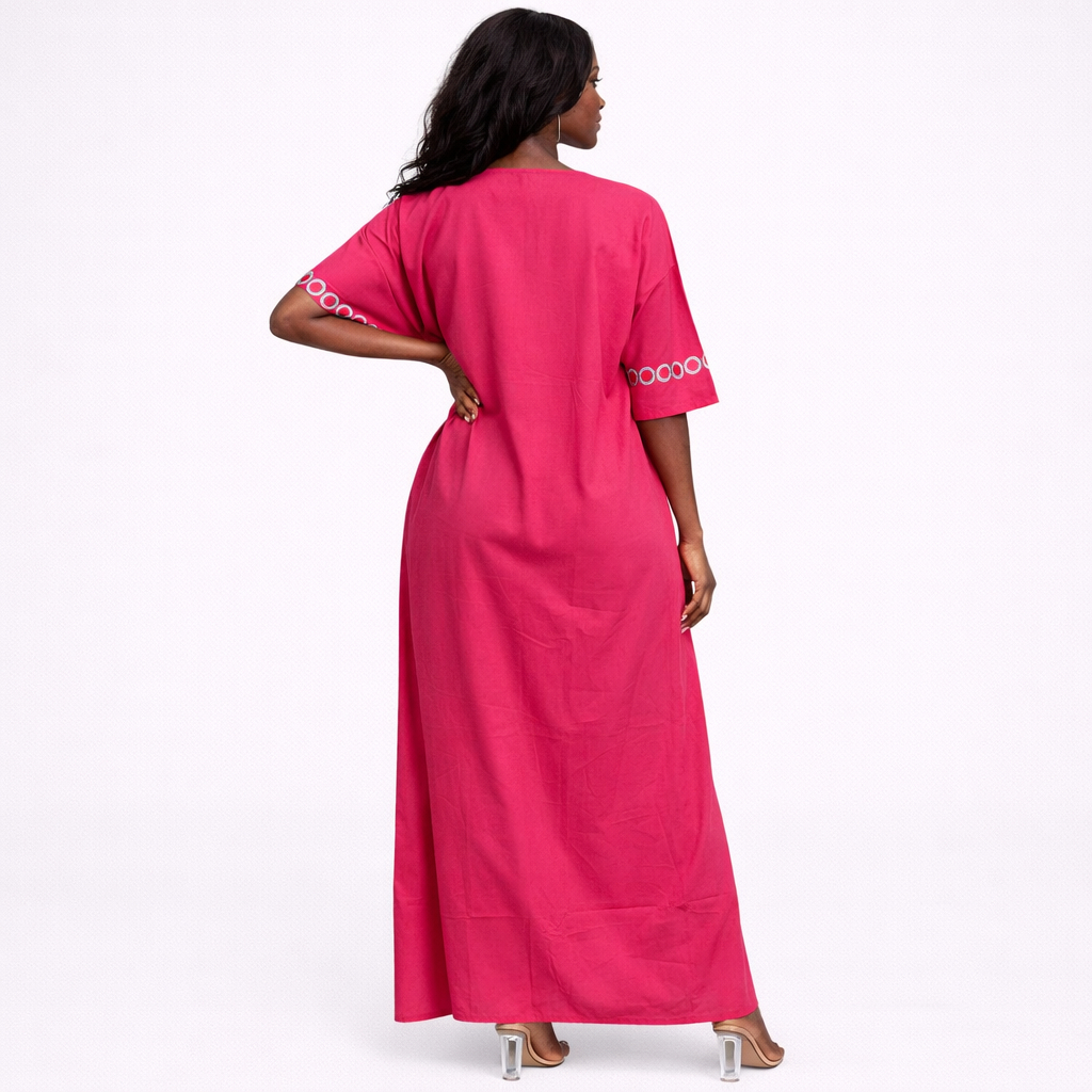 Elegant Pink Embellished Neckline Ankle Length Kaftan Dress
