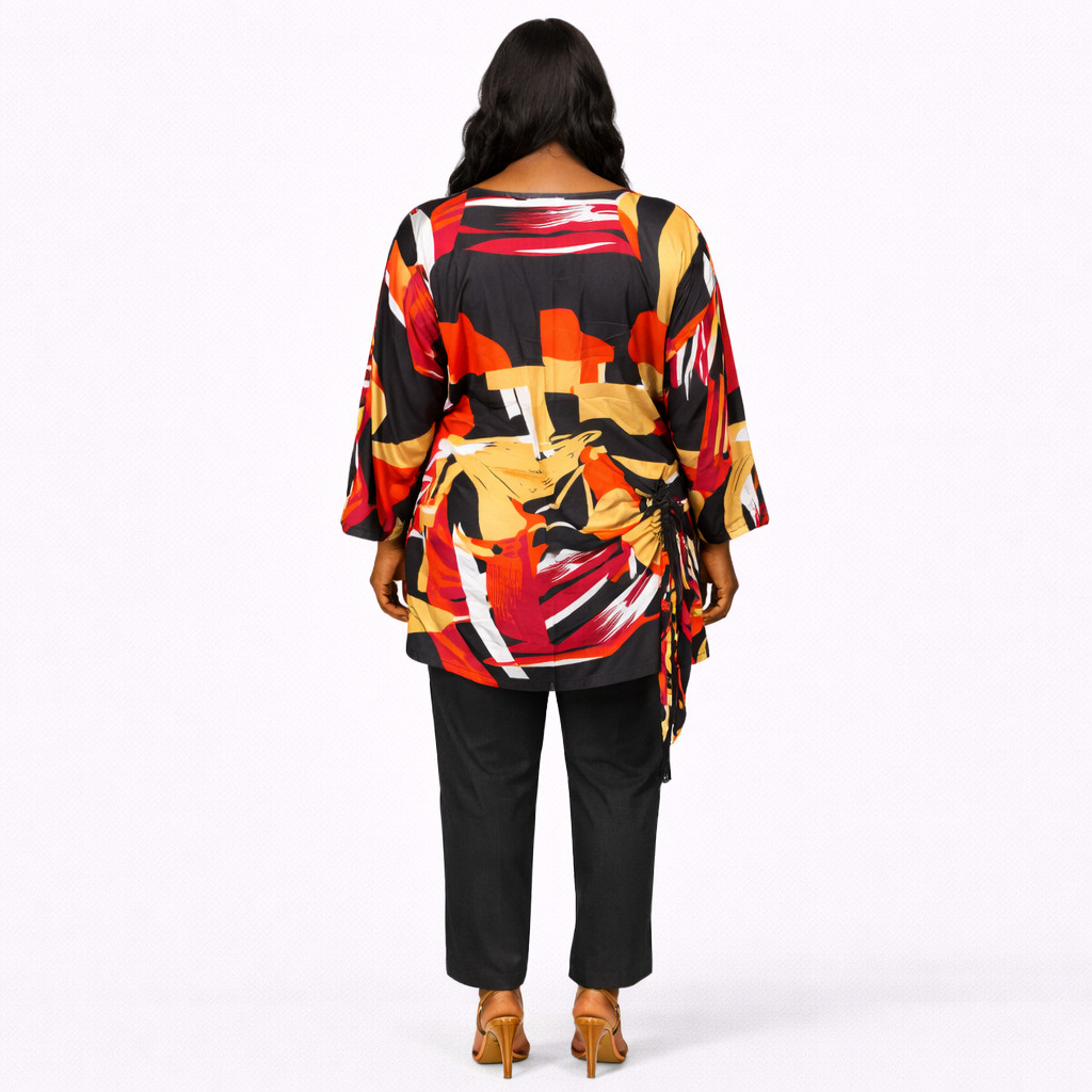 Abstract Print Long Sleeve Tunic Top and trouser set with Side Ruching