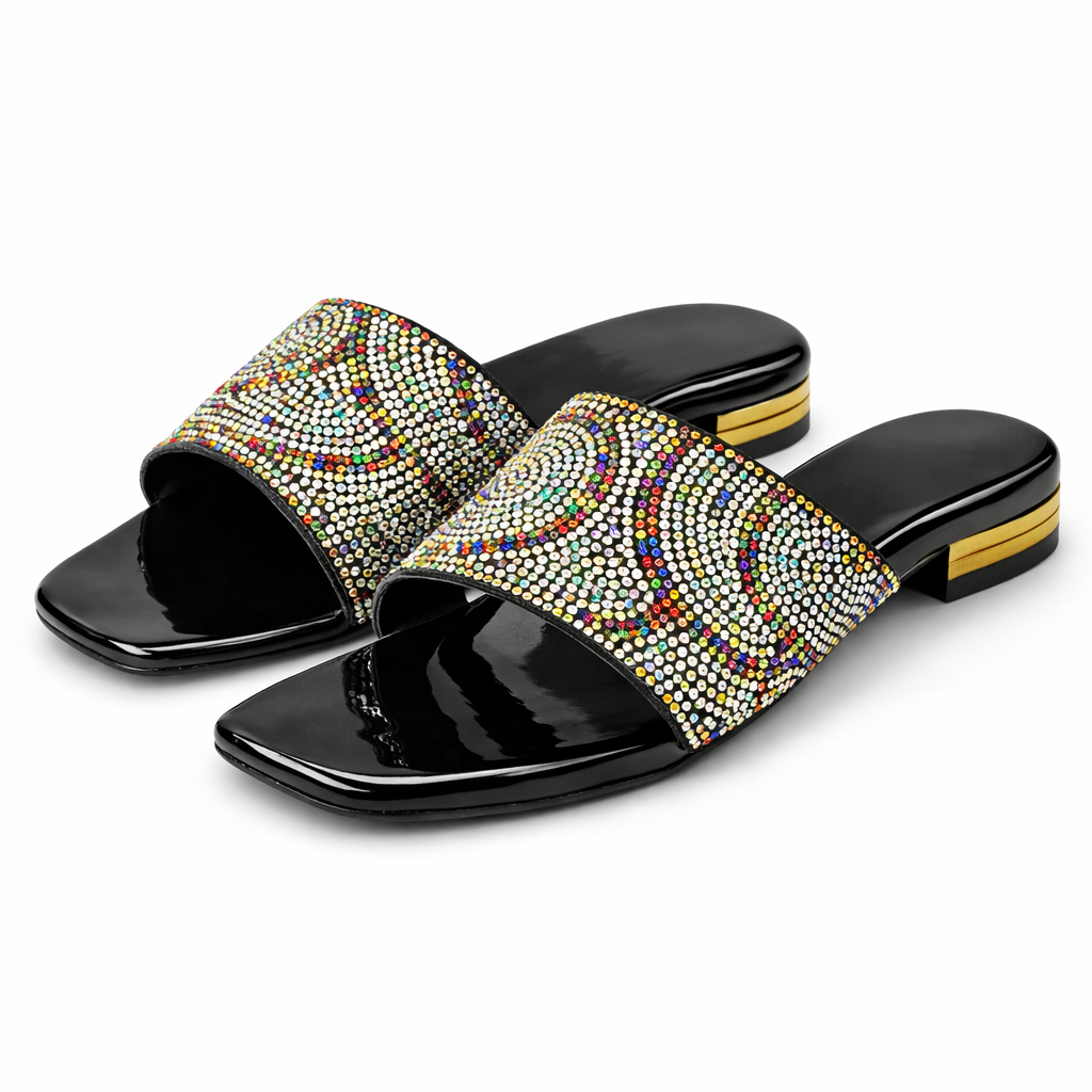 Rhinestone Embellished OpenToe Slip On Heeled Sandals