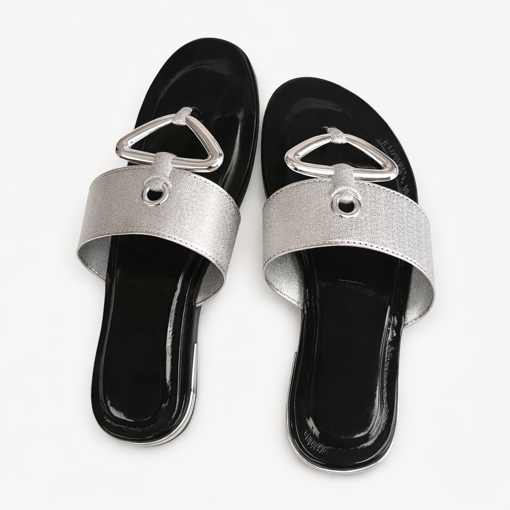 Metal Accent Slide Sandals with Wide Strap