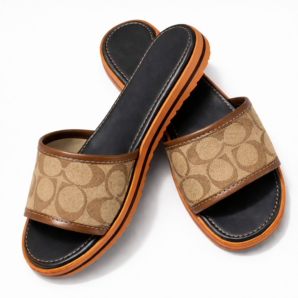 Womens Flat Slip On Slide Sandals with Patterned  brown Strap