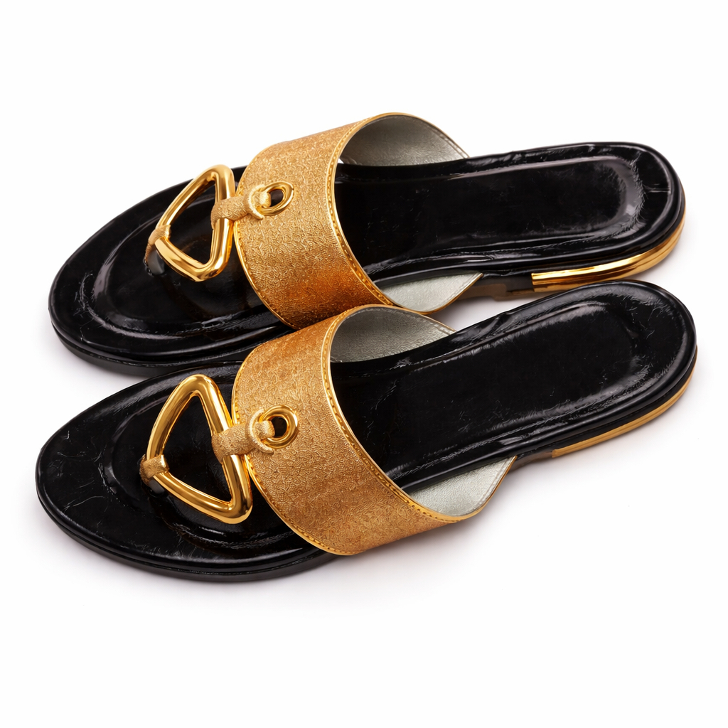 Womens Gold Strap Flat Slide Sandals