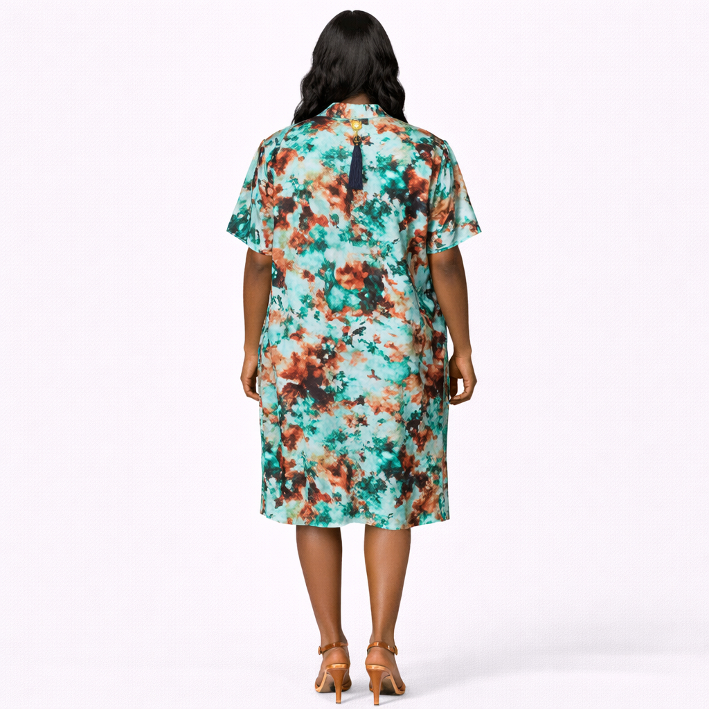 Printed Short Sleeve Midi Dress with Pockets