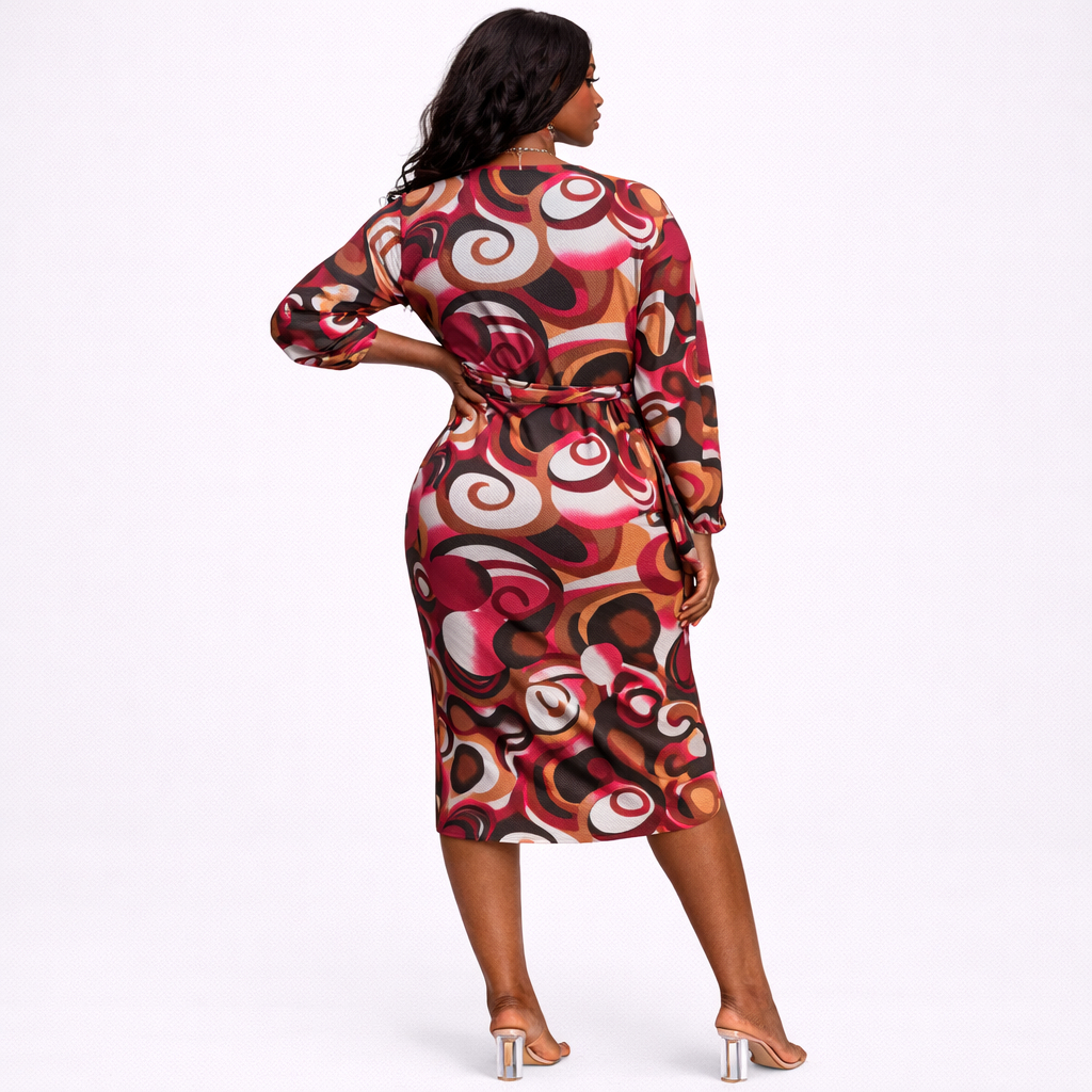 Abstract Print Long Sleeve Midi Dress with Drawstring Waist