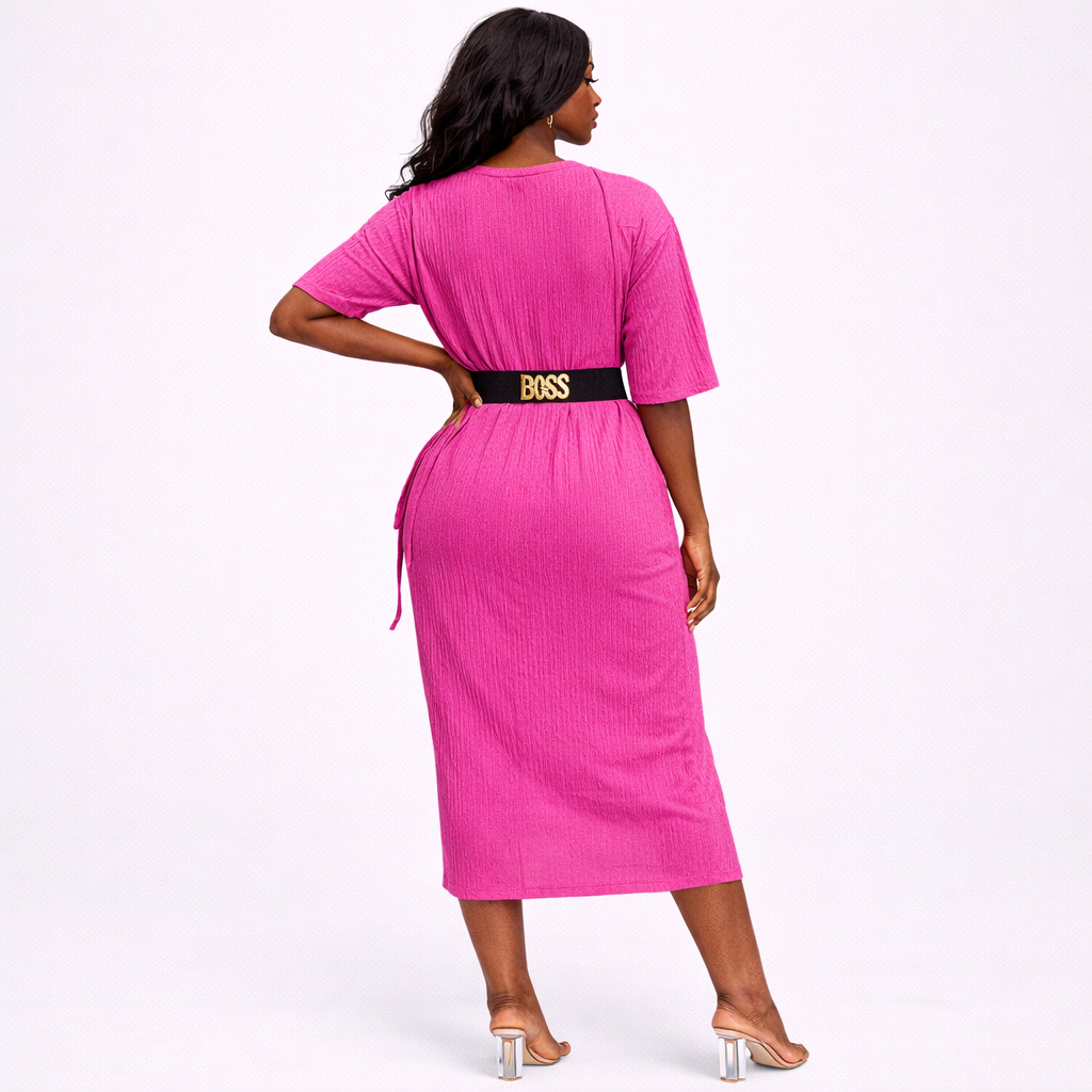 Fuchsia Ribbed Belted Midi Gown