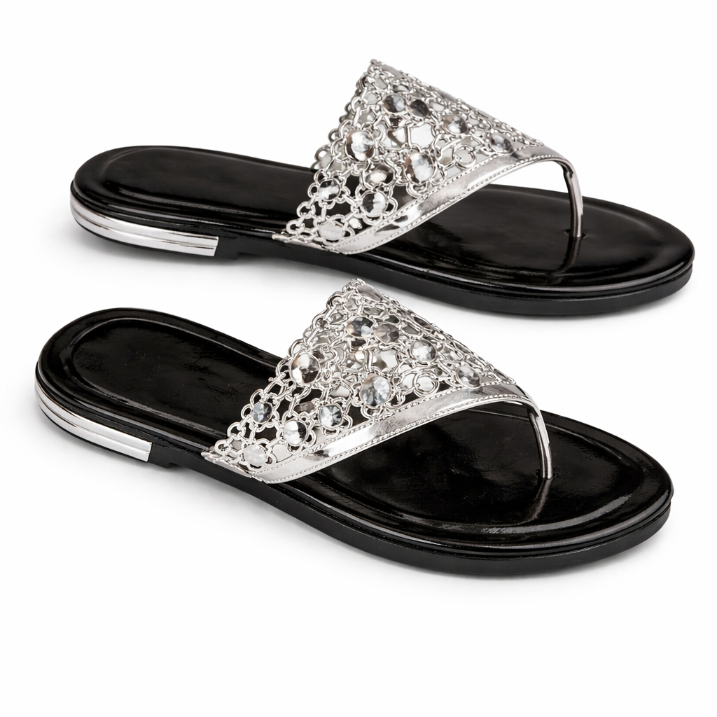 Embellished Flat Slide Sandals with Metallic Strap
