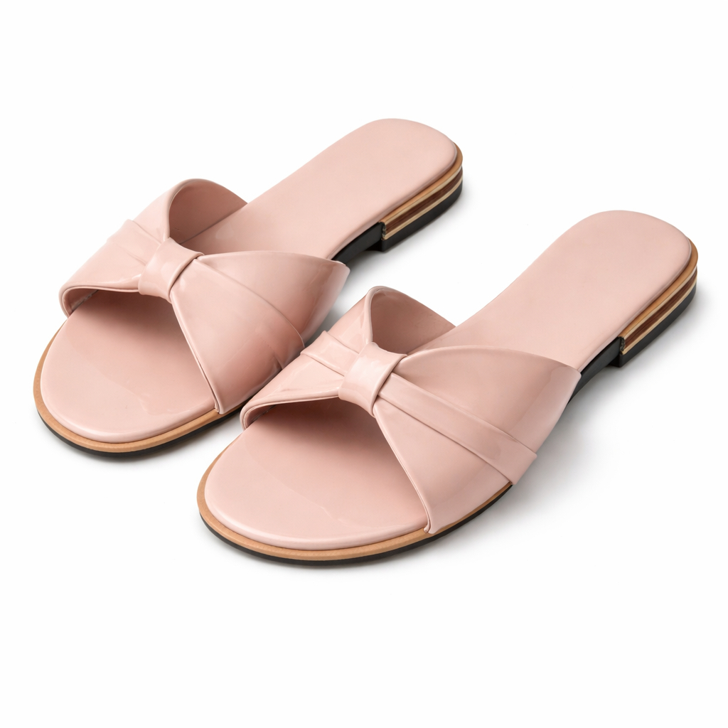 Women pink Glossy Bow Flat Slide Sandals