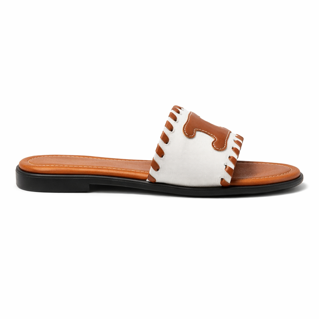 Womens Flat Slide Sandals with Stitched Strap