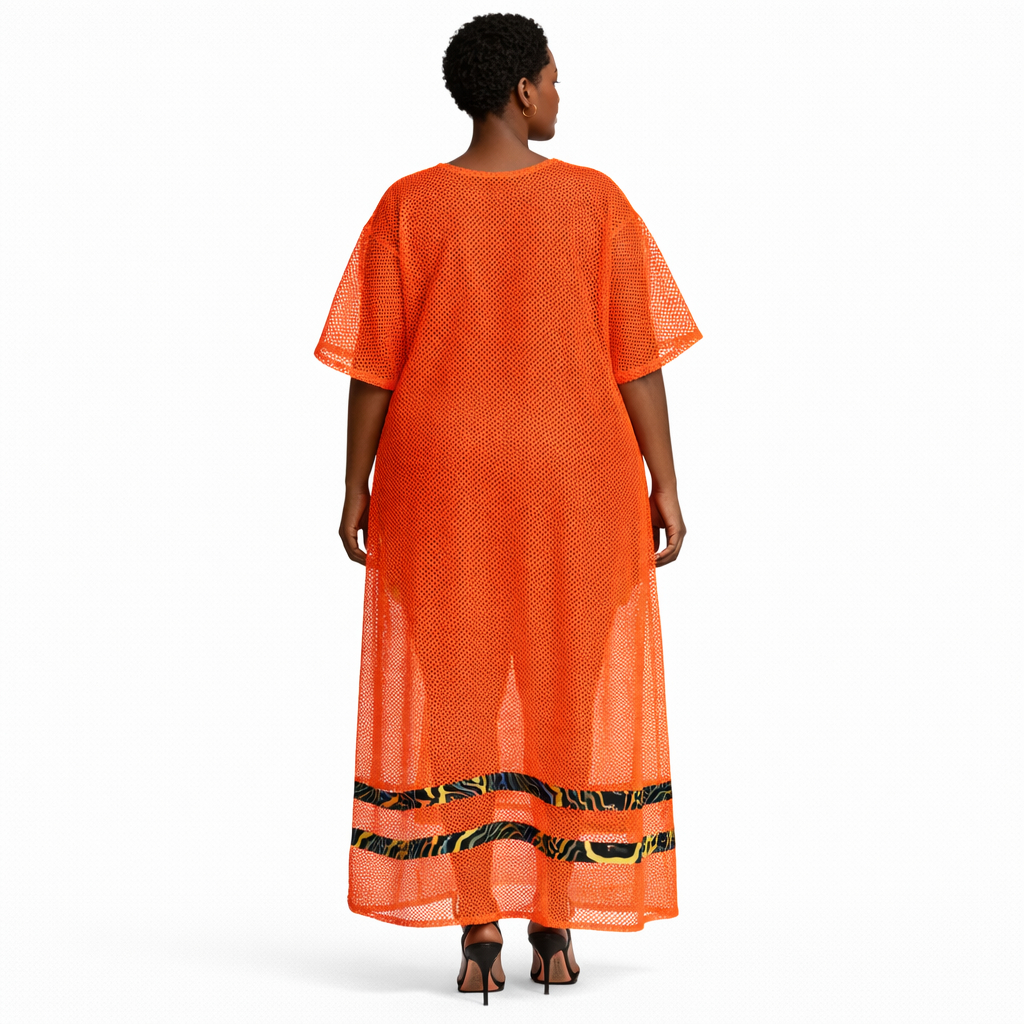 Quality Mesh Overlay Kaftan Dress with Patterned Trim