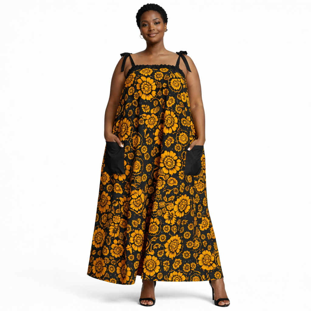 Sleeveless Floral Tie Strap Midi Dress with Pockets