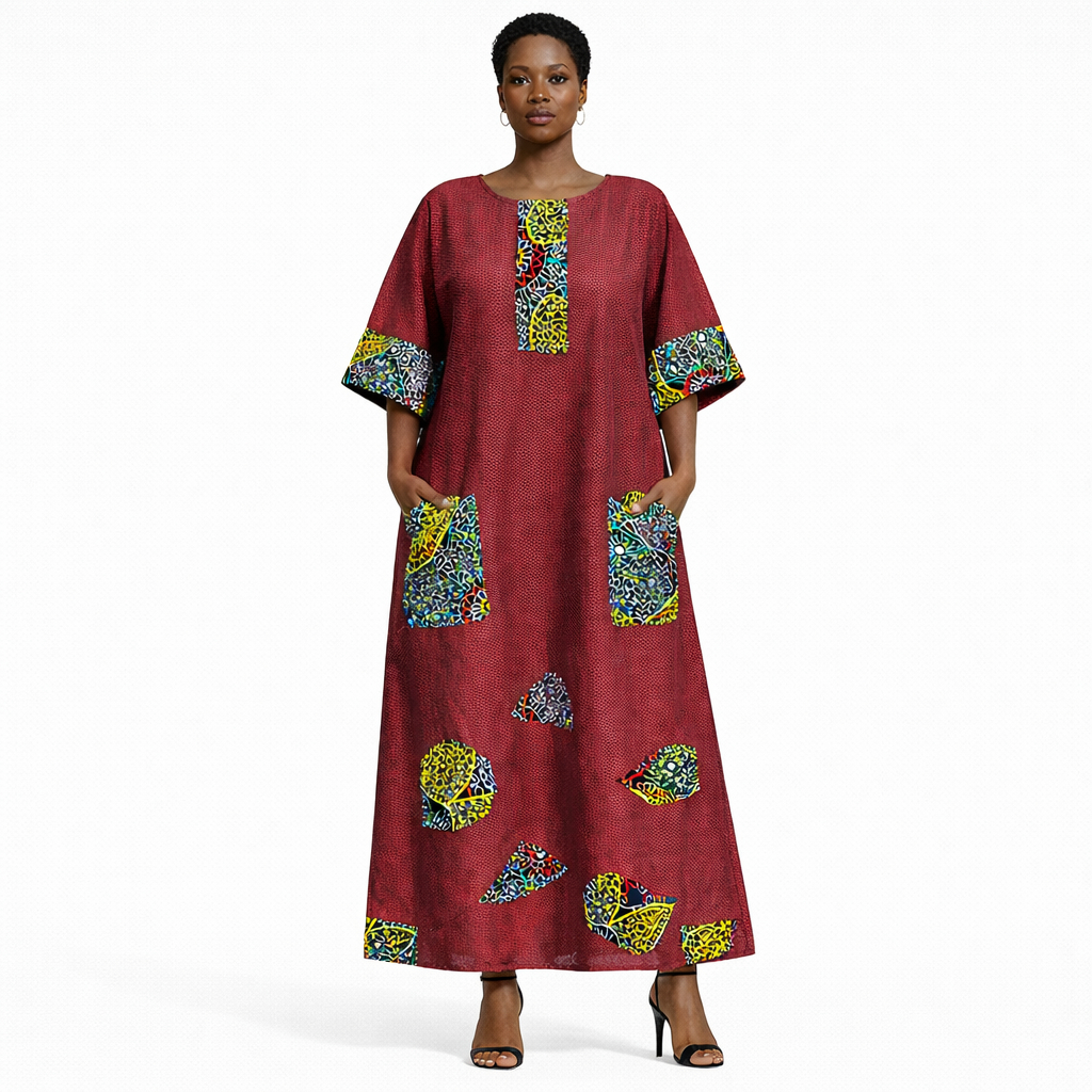 Women Short Sleeve Patchwork Kaftan Midi Dress