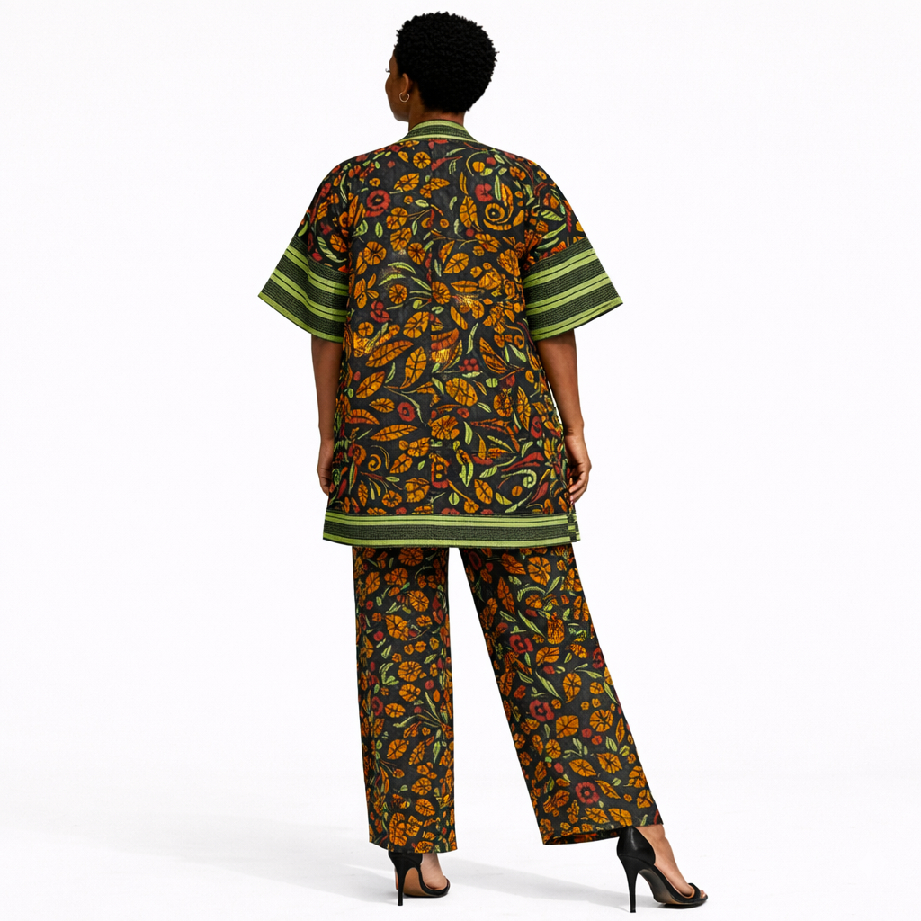 African Print Open Front Kimono Jacket and Trouser Set