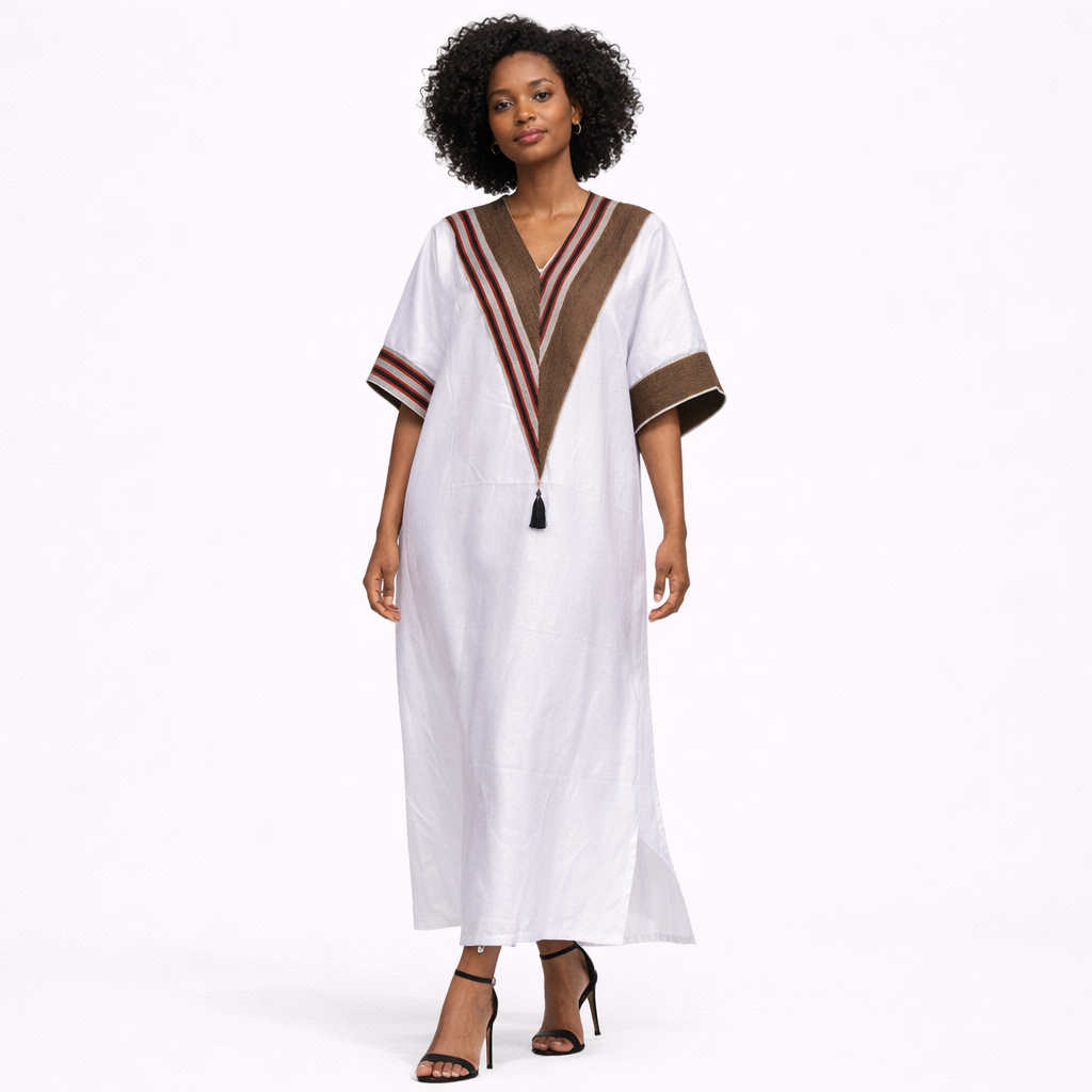 Women White Cotton Kaftan Dress with Contrast V Neck Details