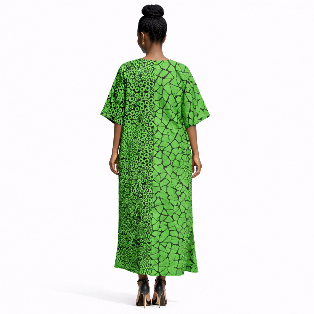 Women Green Patterned Maxi Kaftan Dress with V Neck and Contrast Pocket Panels