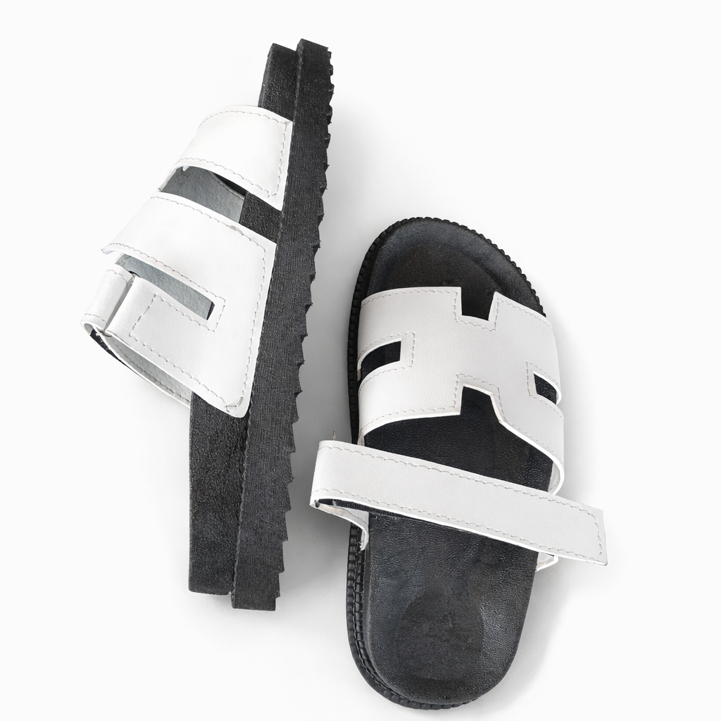 Quality White Double Strap Flat Slide Sandals