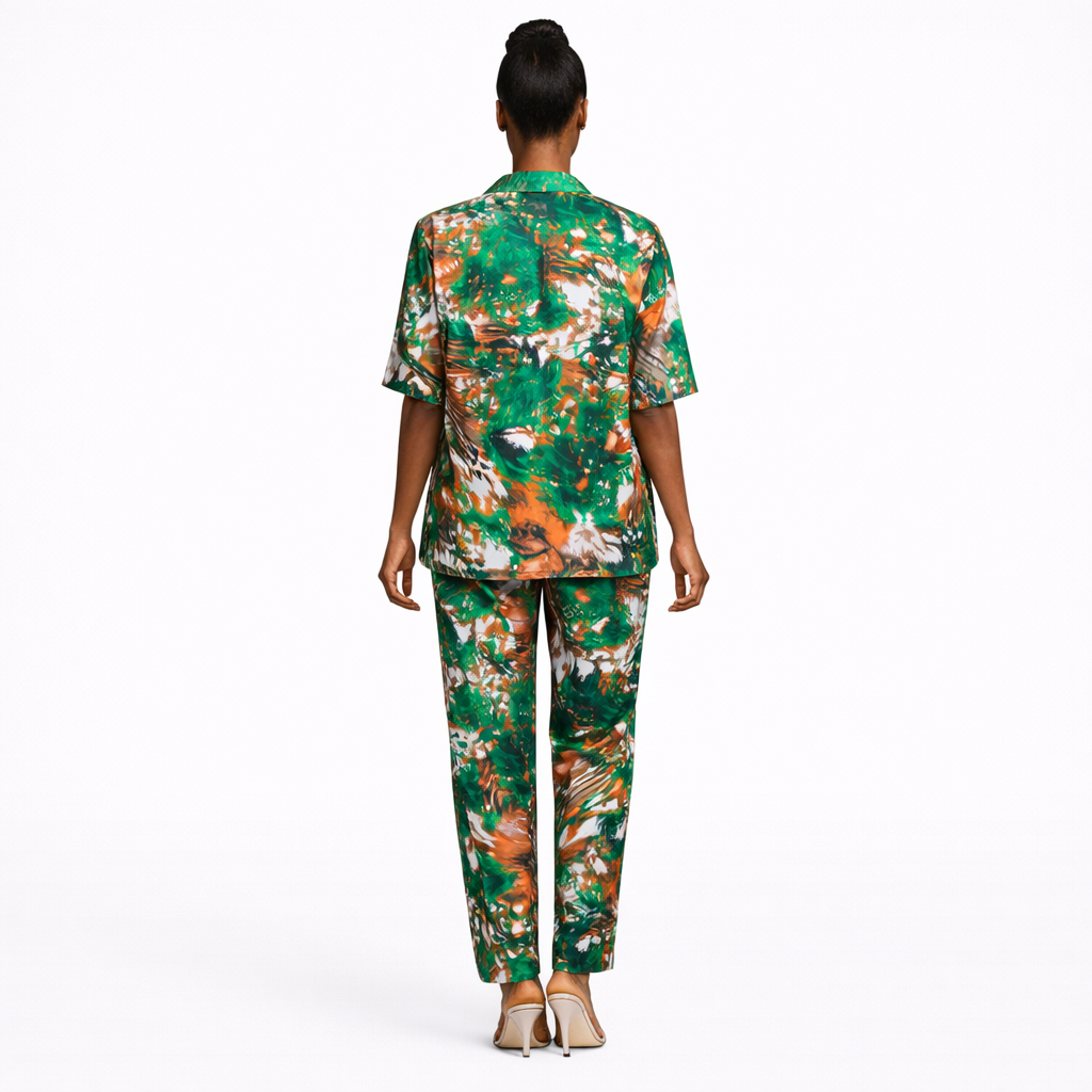 Women Printed  Short Sleeve Button Up Top and Trouser Set
