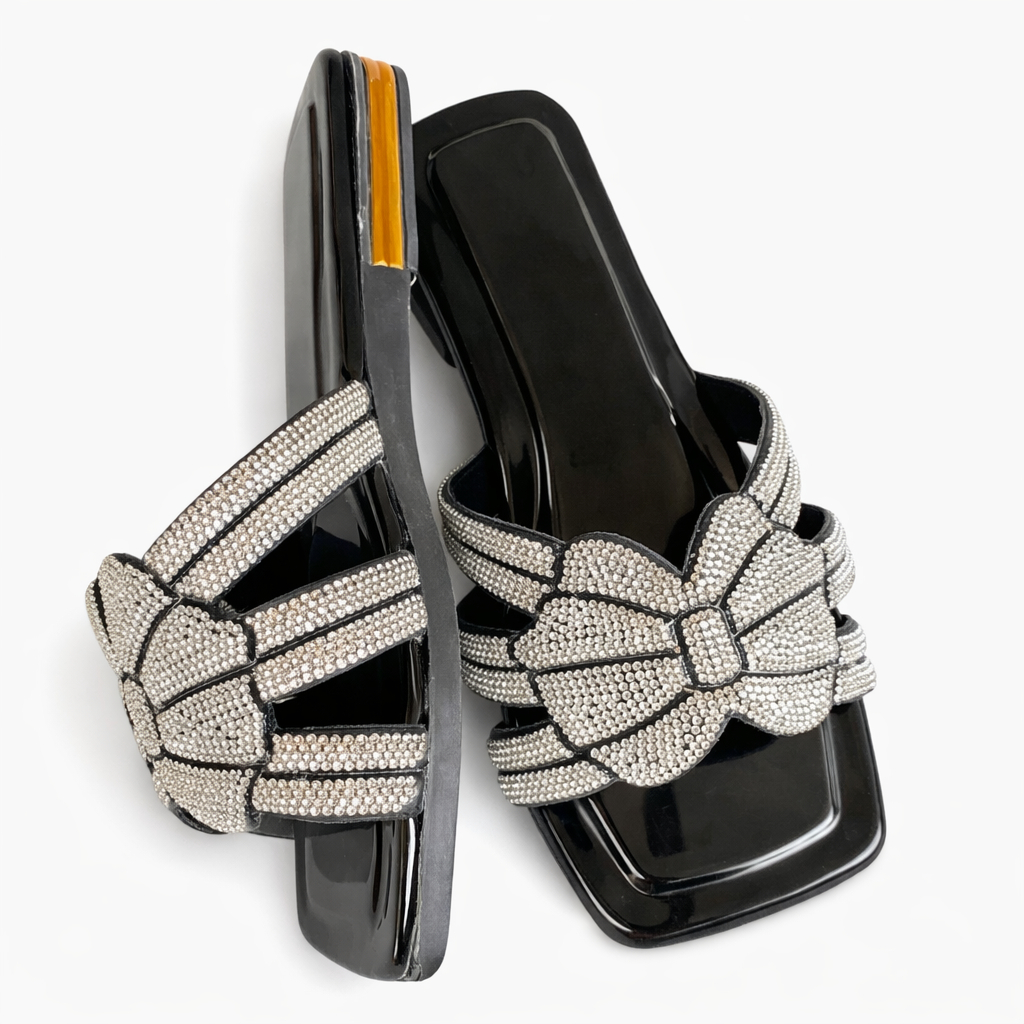 Embellished Slip On Flat Sandals with Bow Detail