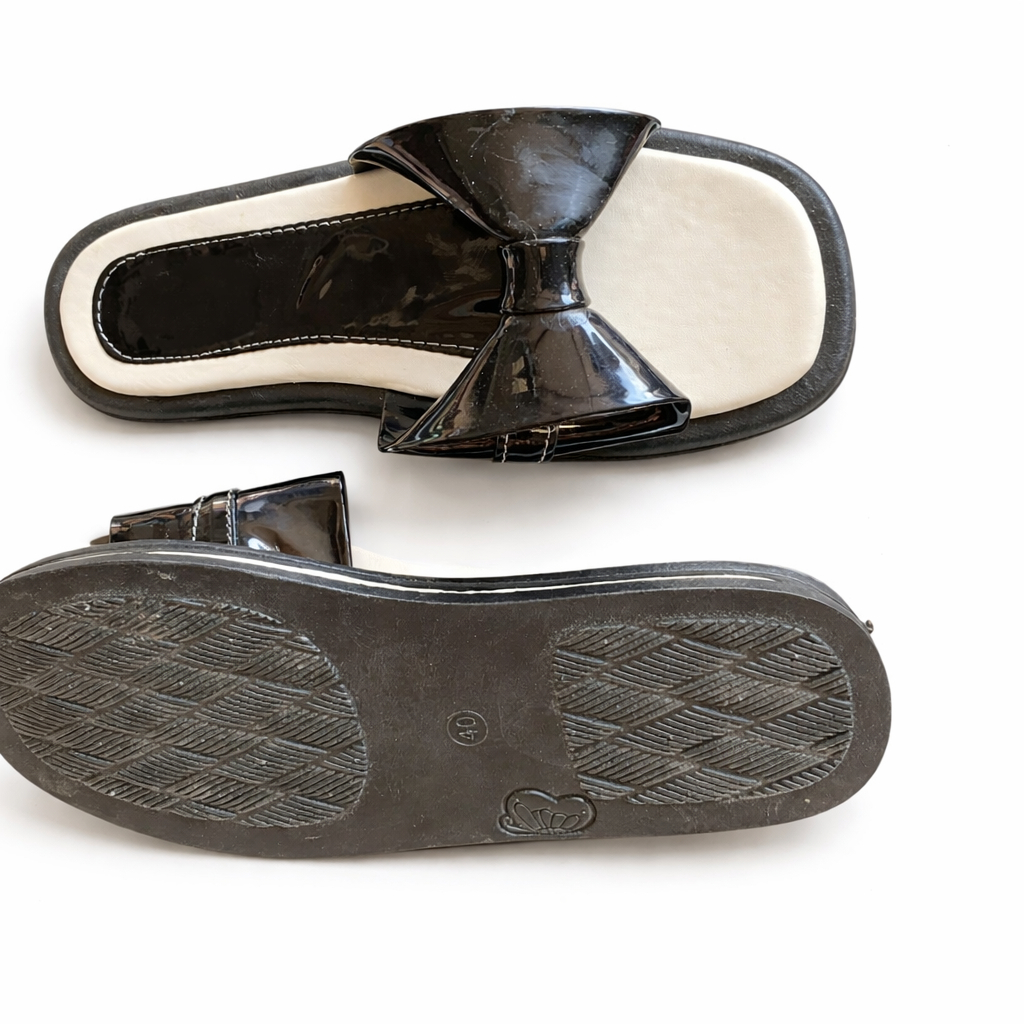 Black Slip On Flat Sandals with Cushioned Footbed And Bow strap