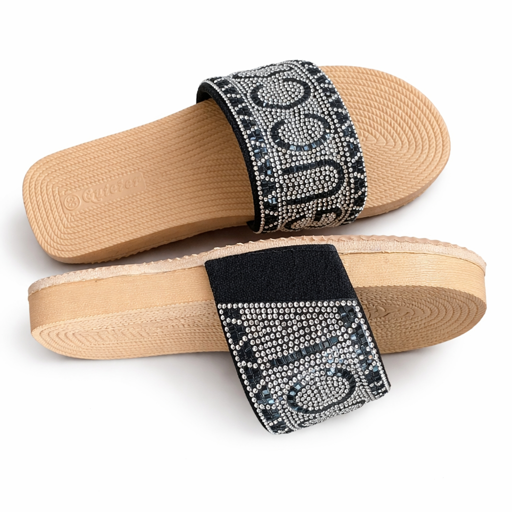 Black Embellished Slip On Flat Sandals with Wide Strap