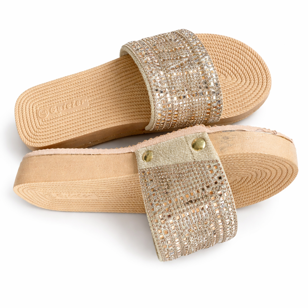 Beige Embellished Slip On Flat Sandals