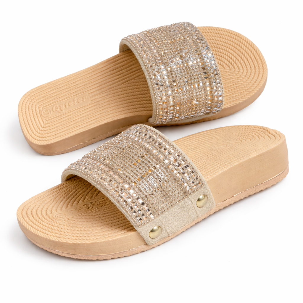 Beige Embellished Slip On Flat Sandals