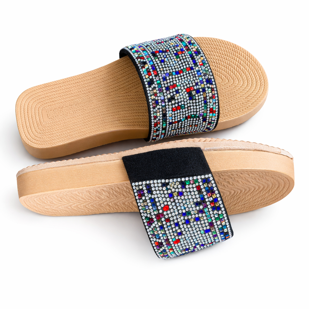 Quality Multicolor Embellished Slip On Flat Sandals with Wide Strap