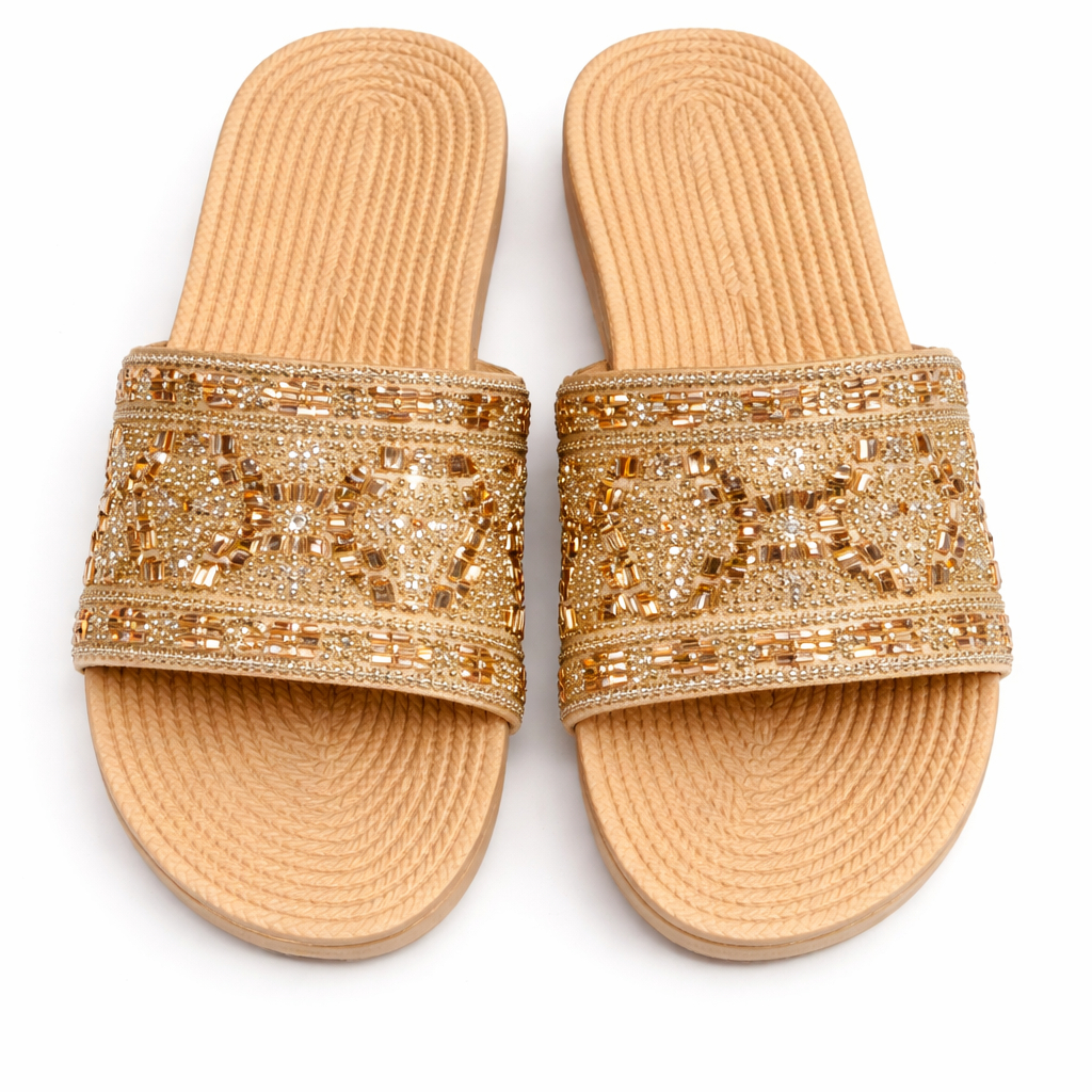 Gold Embellished Slip On Flat Sandals with Wide Strap