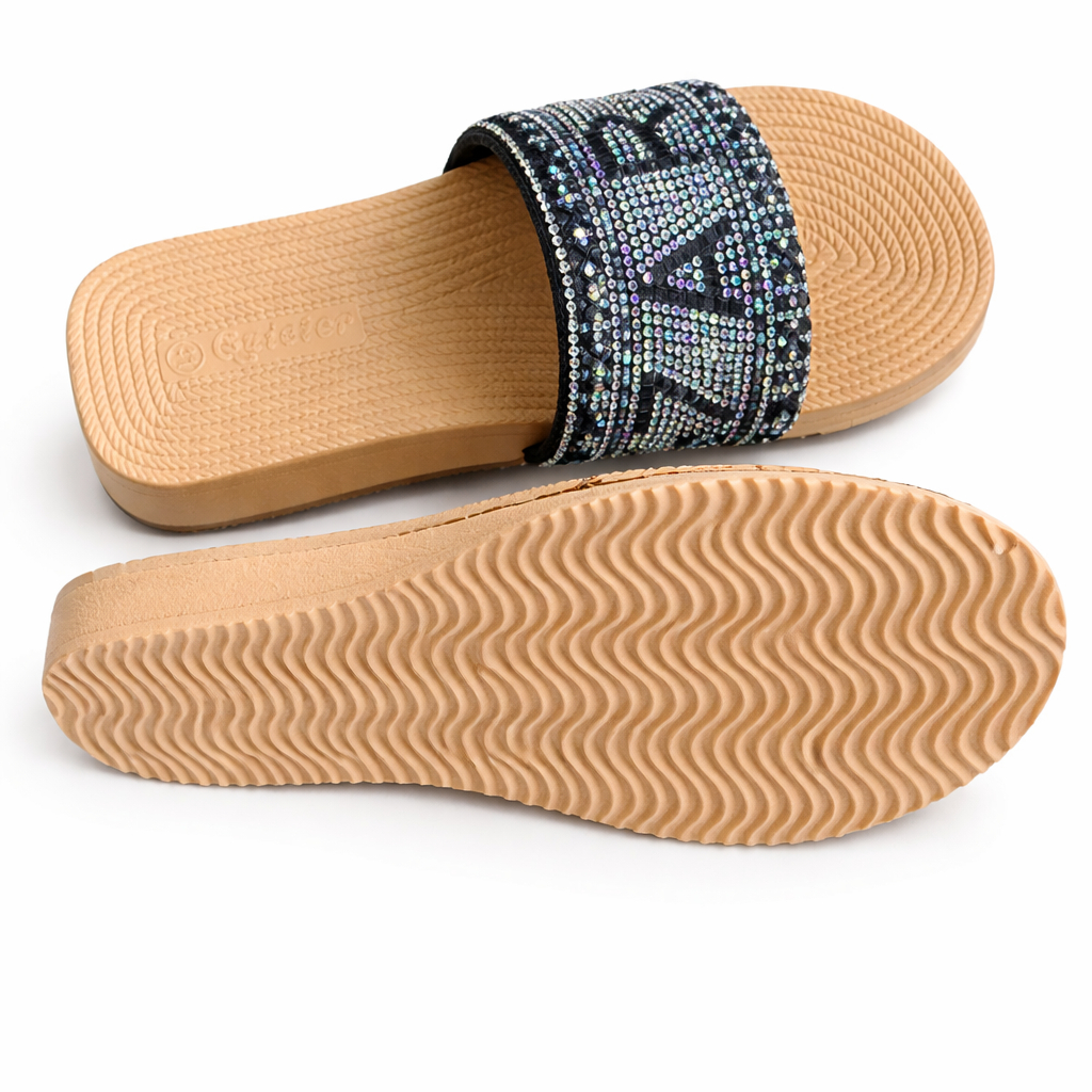 Embellished Slip On Flat Sandals with Patterned Strap