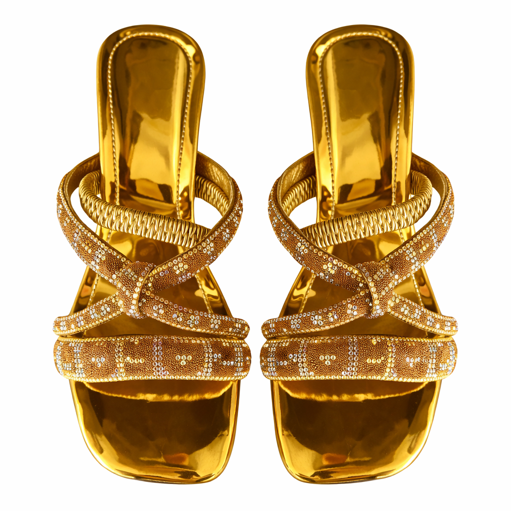 Gold Embellished Cross Strap Square Toe Flat Sandals