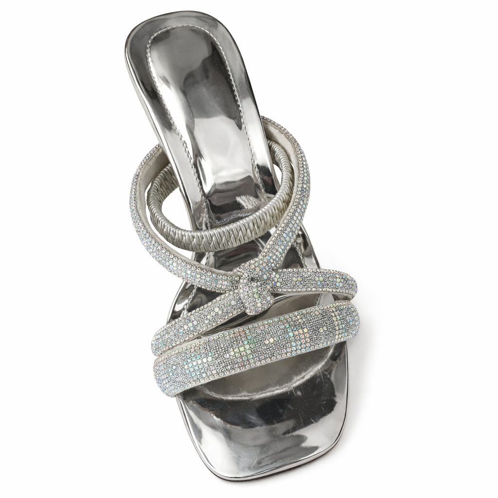 Gold Rhinestone Cross Strap Square Toe Flat Sandals