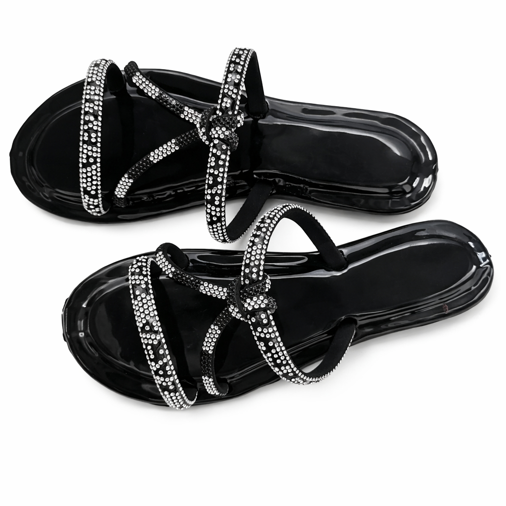 Black Rhinestone Cross Strap Flat Sandals