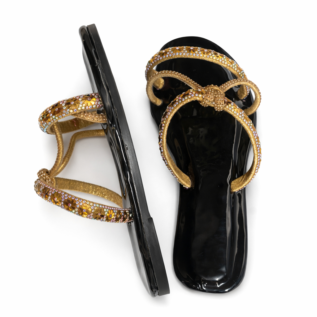 Gold Rhinestone Multi Strap Flat Sandals