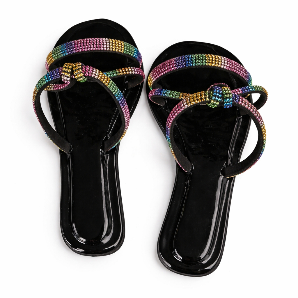 Rainbow Rhinestone MultiStrap Flat Sandals
