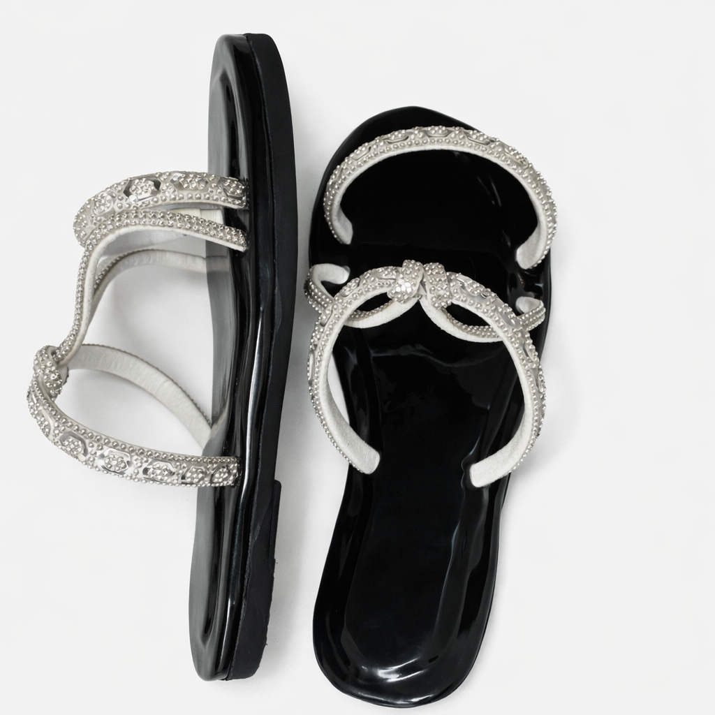 Silver Rhinestone Cross Strap Flat Sandals