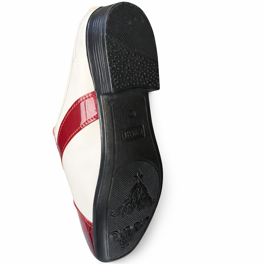 Men Red and White Patent Leather Slip On Mule Shoe