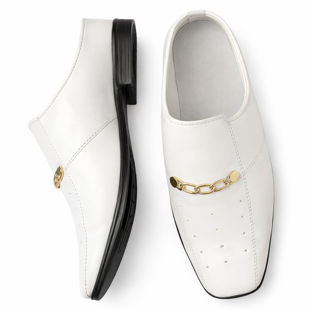 White Slip On Loafers with Gold Chain Detail