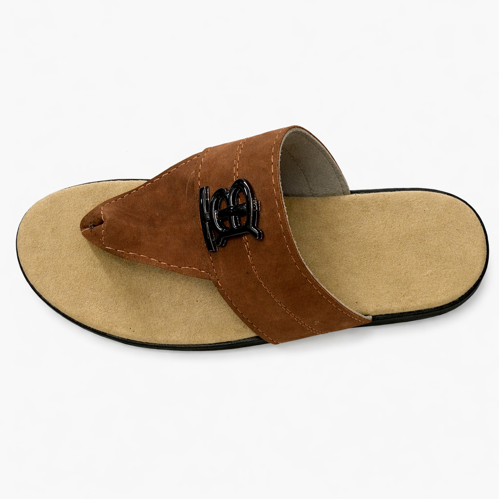 Brown Pointed Toe Slide Sandals with Metal Detail